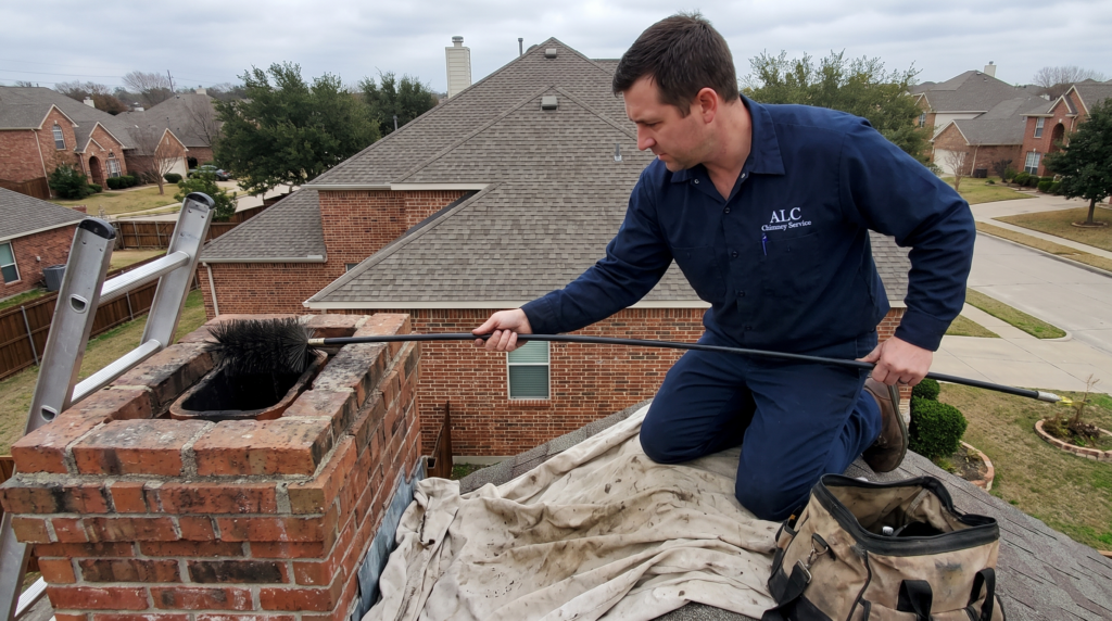 Chimney sweep Allen TX - ALC technician brushing the flue of a brick chimney on a two-story Allen home