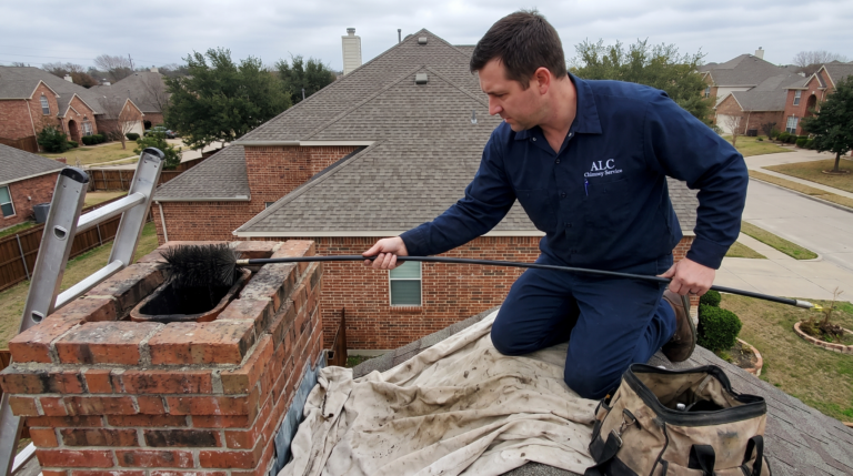Chimney sweep Allen TX - ALC technician brushing the flue of a brick chimney on a two-story Allen home