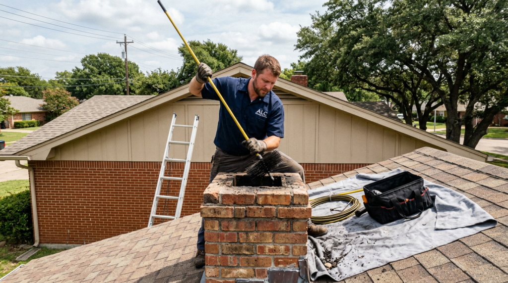 Chimney sweep in Mesquite TX - ALC technician brushing a flue on a brick home rooftop