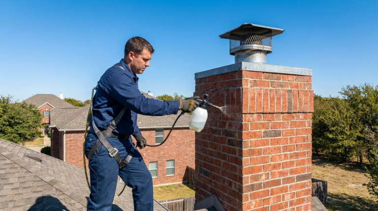 Chimney waterproofing in North Texas, technician applying water repellent to a brick chimney in Dallas-Fort Worth