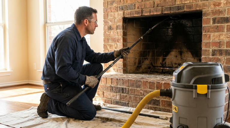 Chimney technician removing creosote buildup from a fireplace flue in Dallas TX