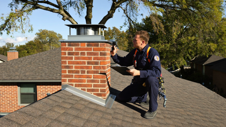 CSIA certified technician performing a chimney inspection for a home sale on a brick chimney in a North Texas neighborhood