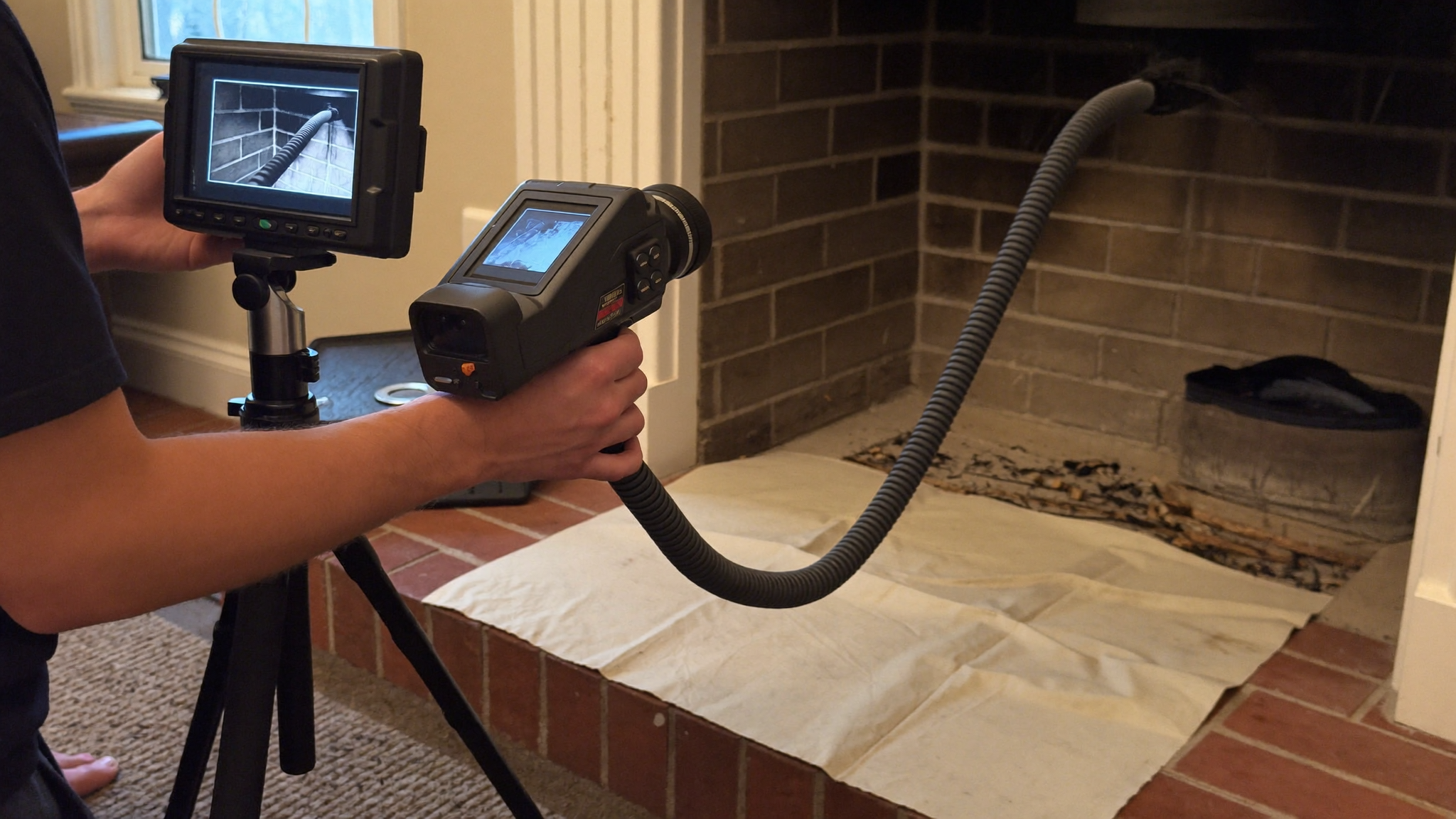 Video flue camera used during a Level 2 chimney inspection for a home sale in Texas