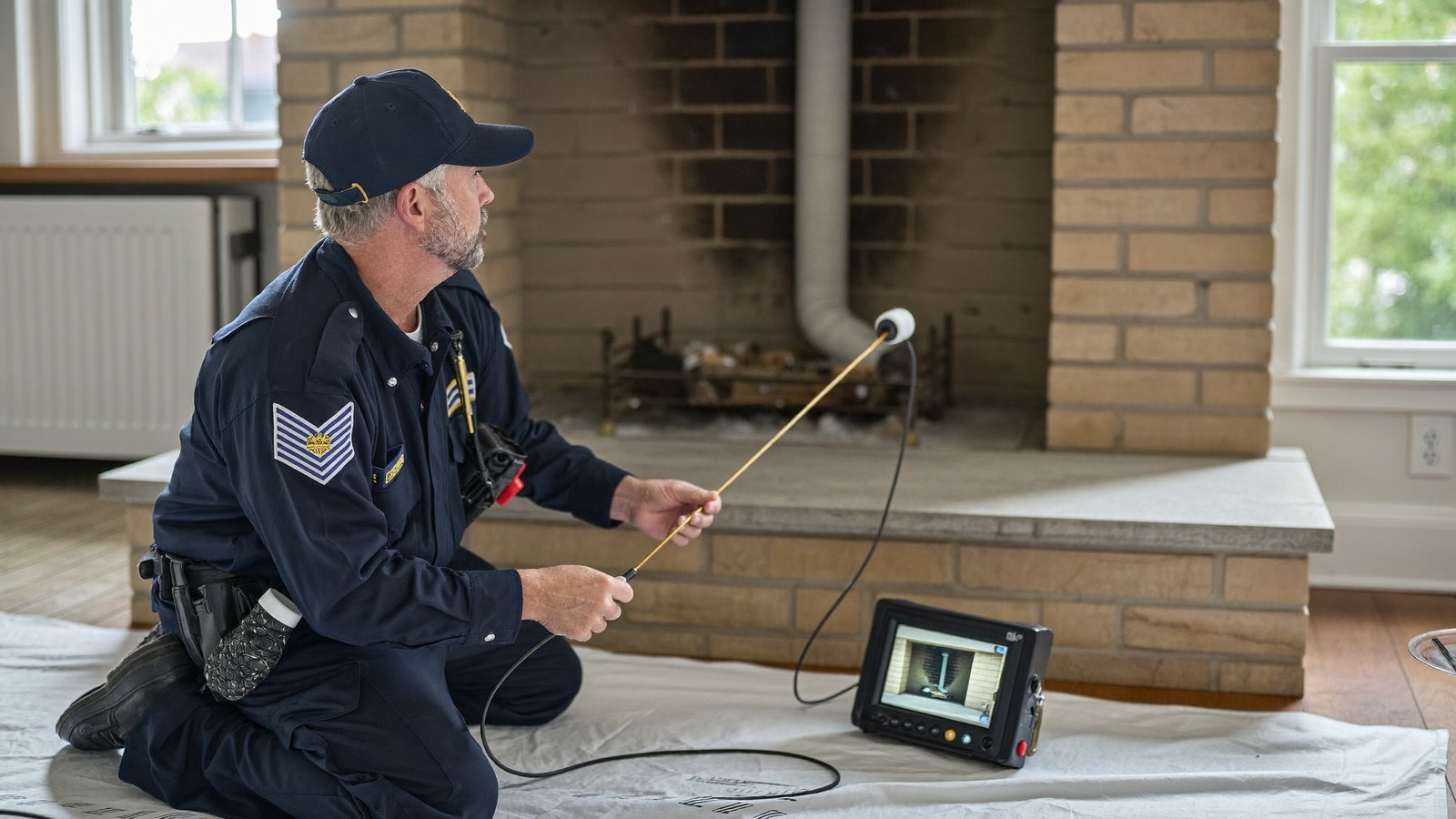 Technician running a video camera scan of the flue during a Level 2 chimney inspection in a Southlake TX home