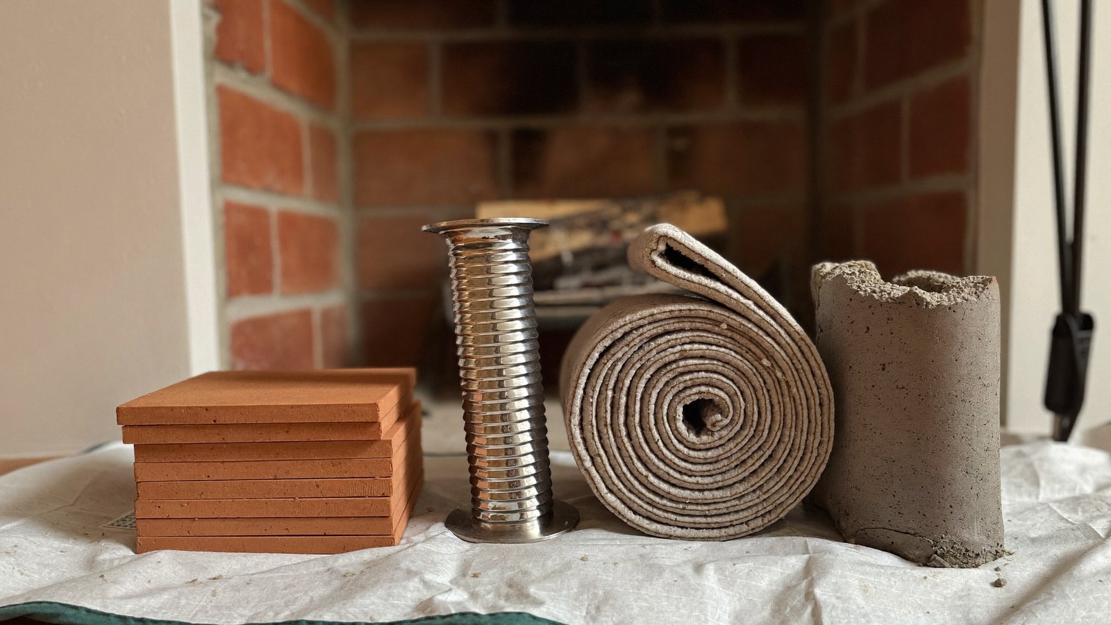 Clay flue tile, flexible stainless steel liner and cast-in-place cement liner compared side by side on a Dallas hearth