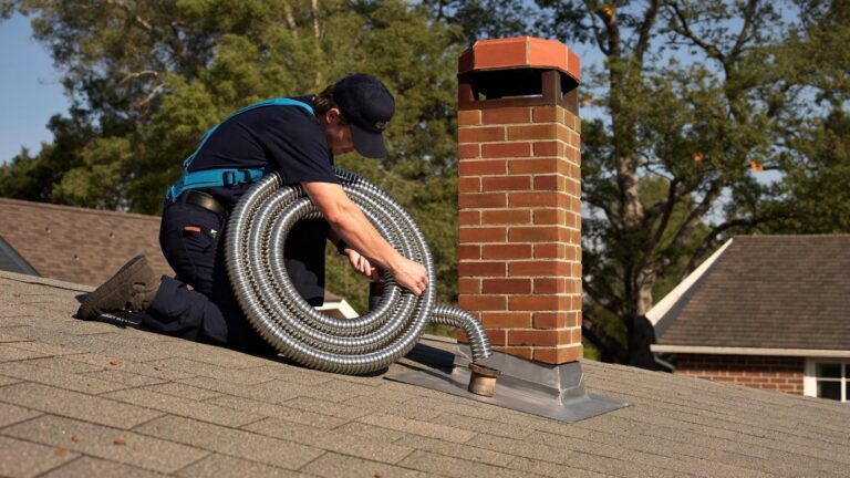 Chimney technician feeding a stainless steel chimney liner into a masonry flue on a Dallas Fort Worth roof