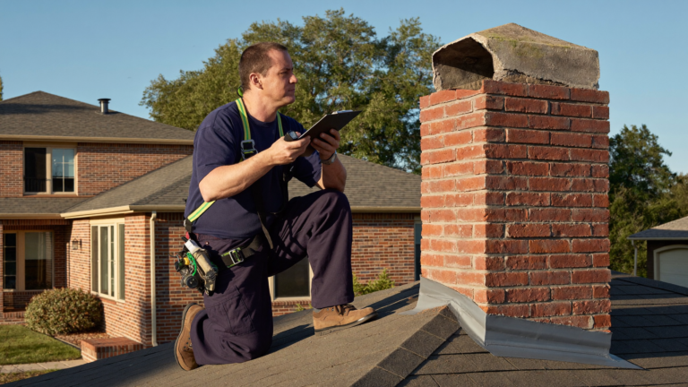 CSIA certified technician inspecting a cracked chimney crown during chimney repair in Lewisville TX