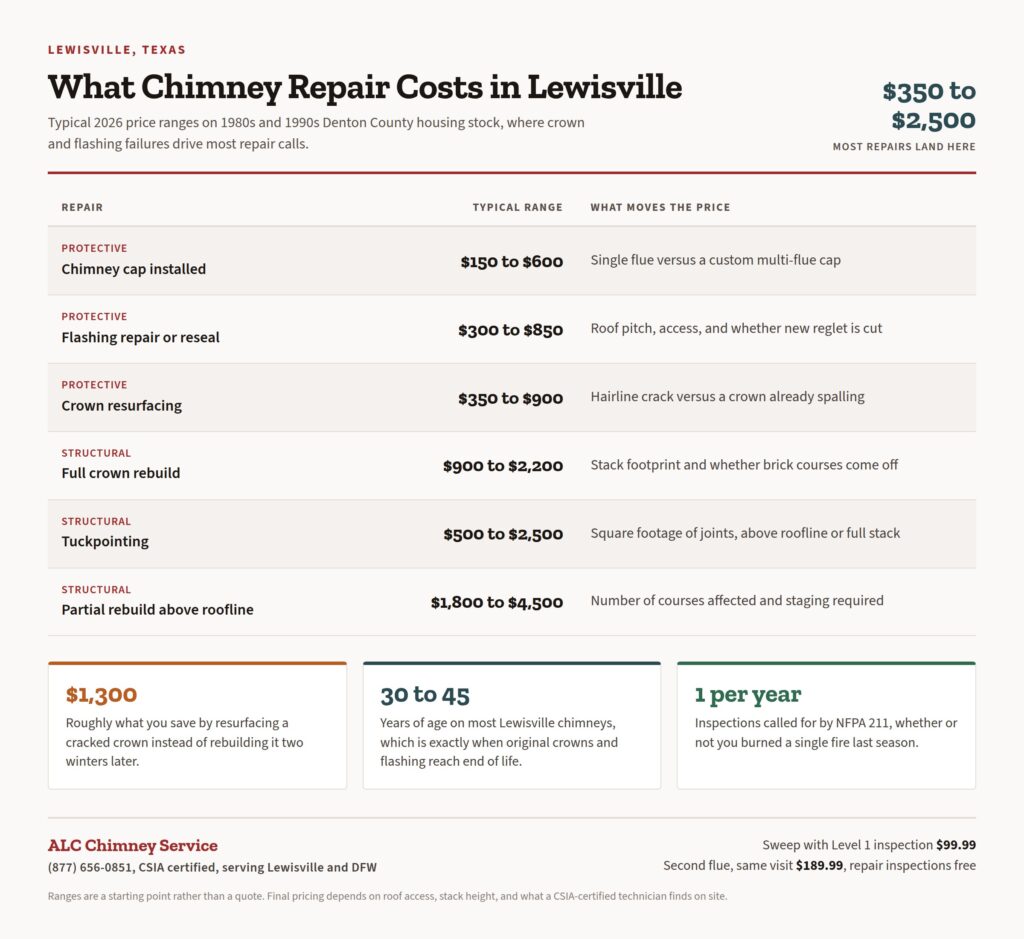 Infographic of chimney repair cost ranges in Lewisville TX from crown resurfacing to partial rebuild above the roofline