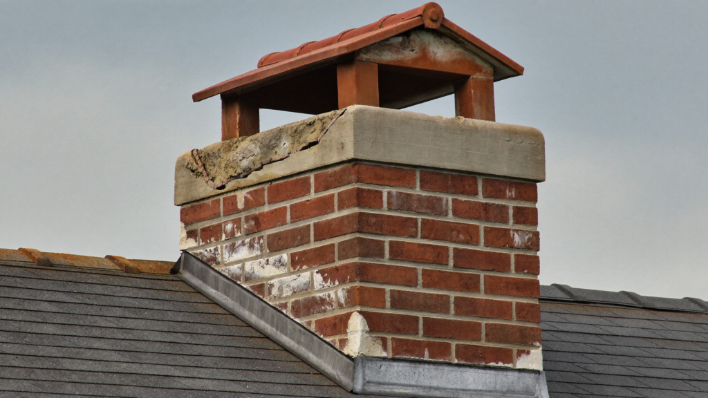 Cracked and spalling concrete chimney crown with efflorescence staining on a Lewisville TX brick chimney needing chimney repair