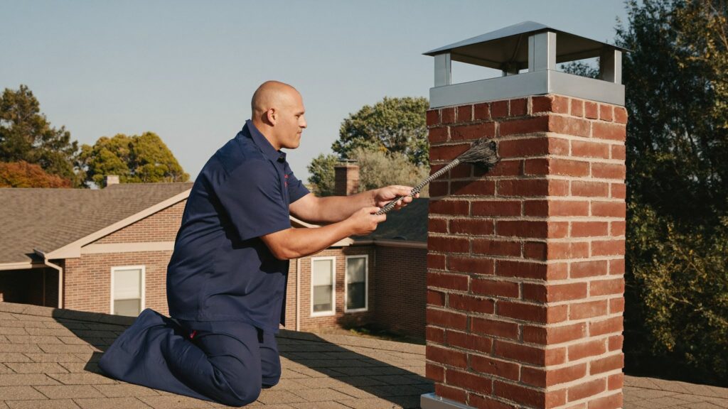 Chimney sweep technician cleaning a brick masonry chimney flue on a two story home roof in Grapevine, TX