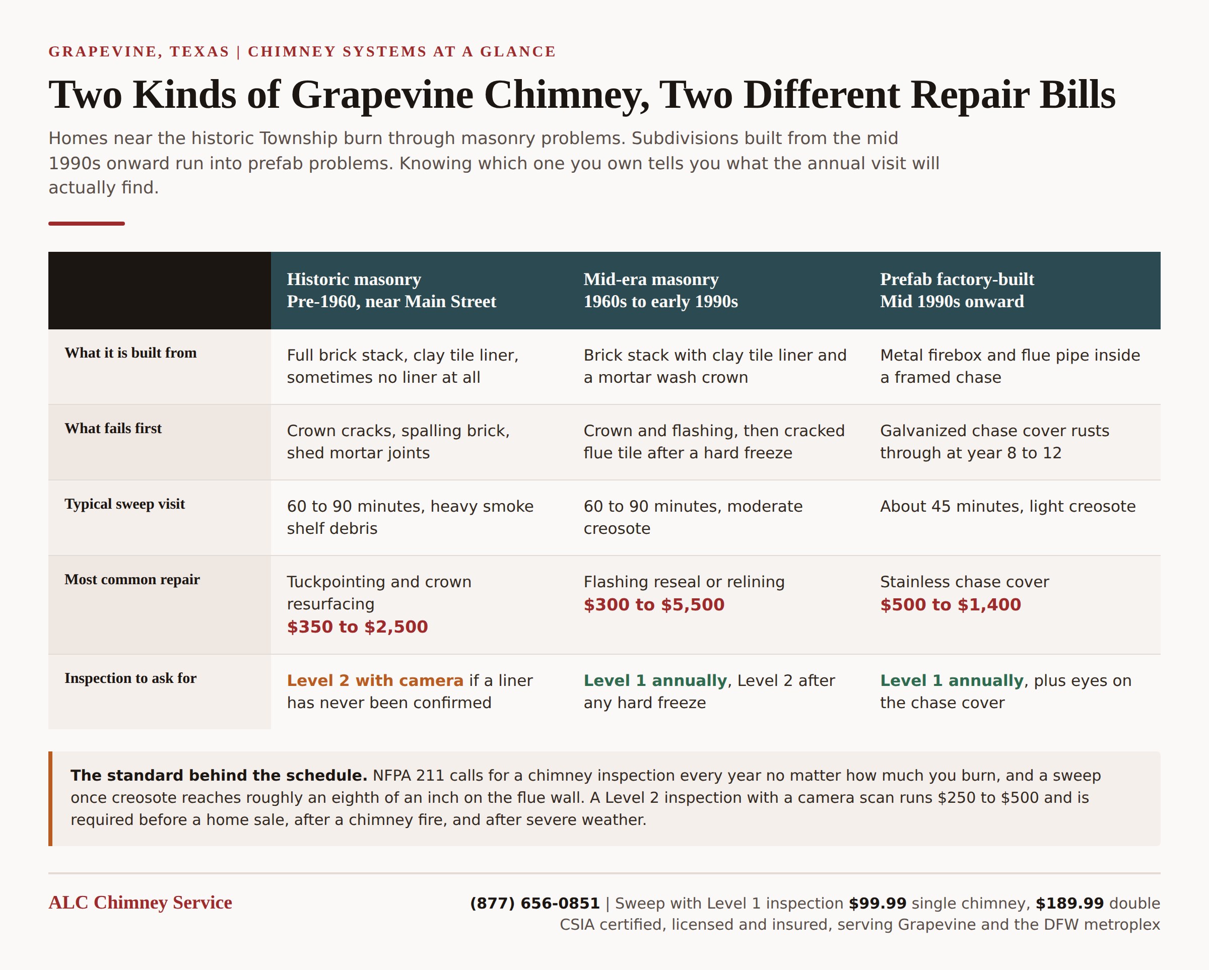 Infographic comparing historic masonry, mid-era masonry and prefab chimney systems in Grapevine TX with repair cost ranges