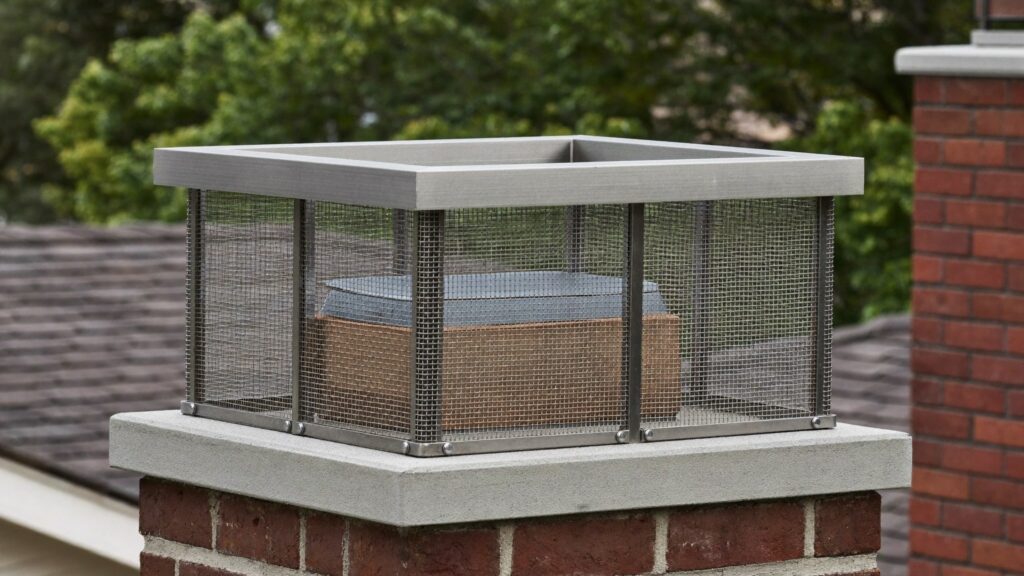 Stainless steel chimney cap with animal mesh installed over a clay flue tile to keep chimney swifts out of a Dallas Fort Worth chimney
