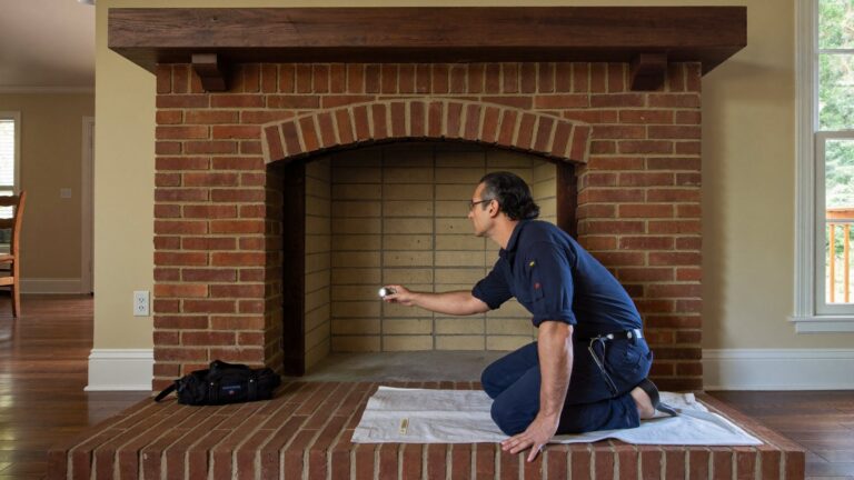 Chimney technician inspecting a masonry firebox for cracks before quoting firebox repair cost in a Dallas Fort Worth home